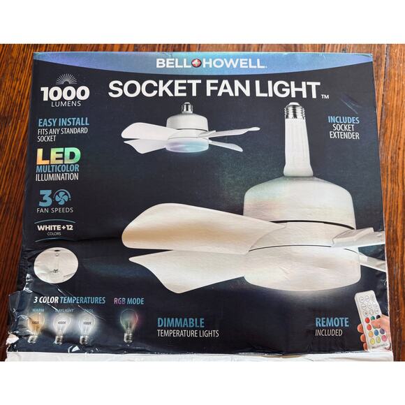 NIB Bell + Howell White Ceiling Fan with Remote, RGB CCT LED Light Socket - Picture 1 of 9